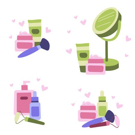 Set of cosmetics for skin care. Simple cute compositions. Vector flat illustration.のイラスト素材