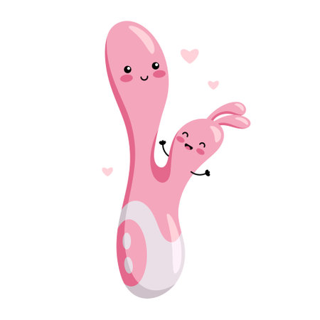 Cute rabbit vibrator. Sex toy for women. Happy kawaii character. Vector flat illustration.のイラスト素材