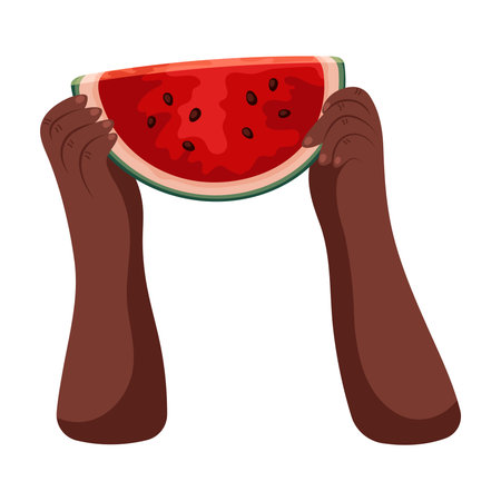 Watermelon in hands. Ripe juicy fruit illustration. Bright cartoon vector flat clipart