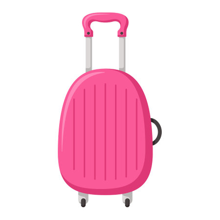Traveling suitcase on wheels. Check in baggage. Bright flat clipartのイラスト素材