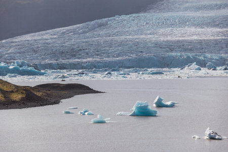 Icebergs in lagoon, Iceland, part of the glacier national park. In the background the sunlit...