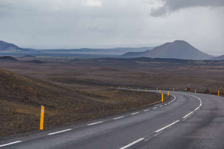 Scenic landscape view of Icelandic road and beautiful areal view of the nature in summerの写真素材