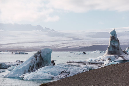 Icebergs in lagoon, Iceland, part of the glacier national park. In the background the sunlit...