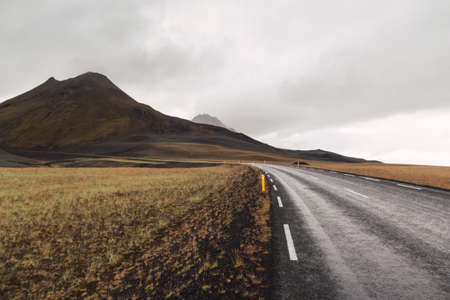Scenic landscape view of Icelandic road and beautiful areal view of the nature in summerの写真素材