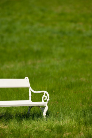 White bench in green meadow; shallow DOFの写真素材