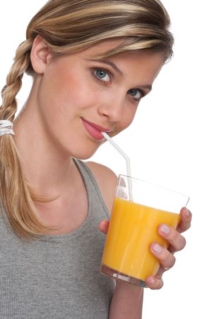 Woman with orange juice on white backgroundの写真素材