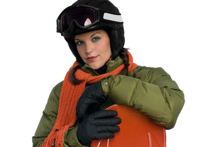 Beautiful young woman with snowboard on white backgroundの写真素材
