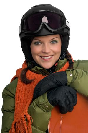 Portrait of young woman with helmet and snowboard on white backgroundの写真素材