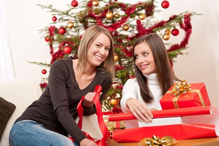 Two women packing Christmas present in front of treeの写真素材