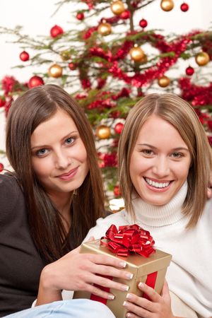 Two smiling women with Christmas present in front of treeの写真素材