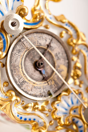 Close-up of antique porcelain clock with Roman numeral, macro lens