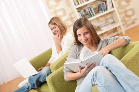Students - Two female teenager studying in modern living roomの写真素材