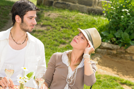 Italian restaurant terrace elegant couple celebrate drink wine summer dayの写真素材