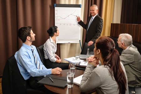 Executive businessman giving presentation on flip-chart to team formalwearの写真素材