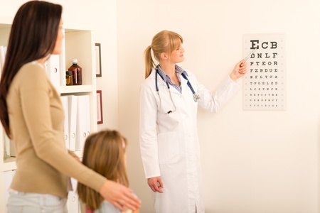 Female pediatrician pointing at eye chart mother and child visitの写真素材