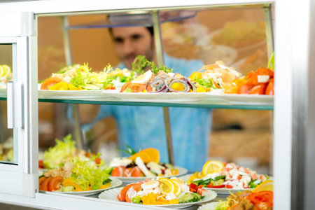 Cafeteria food display young man choose fresh salad healthy lifestyle
