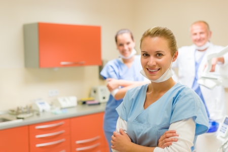 Portrait of young nurse dental team in stomatology clinicの写真素材