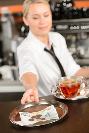 Attractive waitress taking tip in bar from tray czech crownsの写真素材
