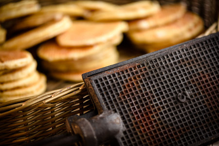 Original waffle iron with stacks of belgium breakfast wafflesの写真素材