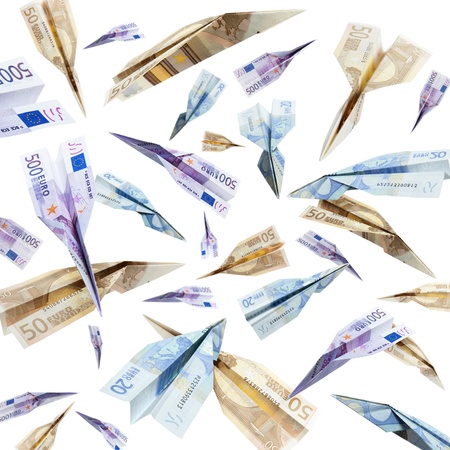 euro banknotes flying on white backgroundの写真素材