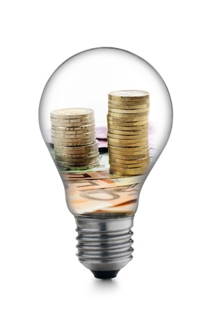 bulb with money, isolated on whiteの写真素材
