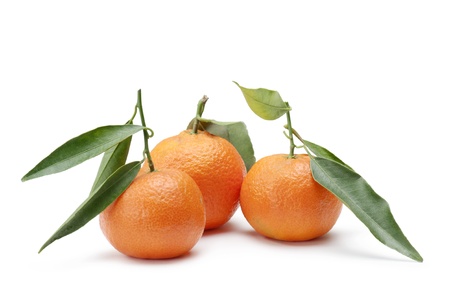 tangerines with foliage, on white backgroundの写真素材