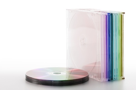 colorful compact disk with cases, on white backgroundの写真素材