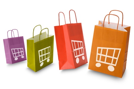 colorful shopping bags with e-commerce icon, isolated on whiteの写真素材