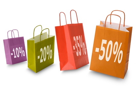 colorful shopping bags with discount icon, isolated on whiteの写真素材