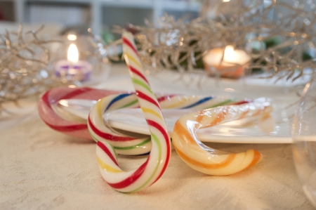 colorful christmas candies on decorative tableの写真素材