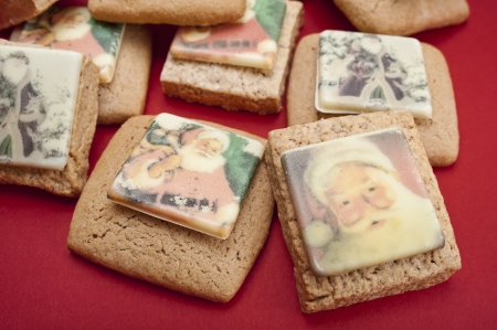 christmas cookies on red backgroundの写真素材