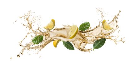 tea wave splashing with tea leaves and lemon slices, isolated on white.の写真素材