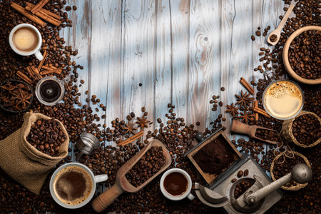 Top view coffee composition on wooden table with copy space