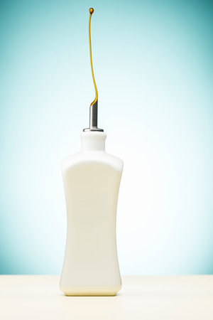 White ceramic olive oil bottle drippind oil on blue backgroundの写真素材