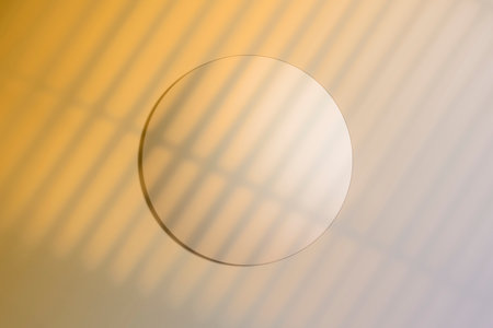 Realistic 3d rendering platform for product display on yellow background with windows shadows. Top view.の写真素材