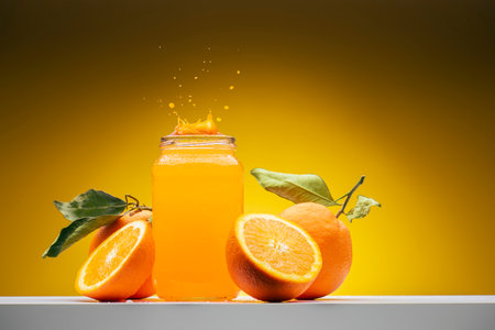 Fresh orange fruits and glass jar with juice on shelf on yellow background.の写真素材