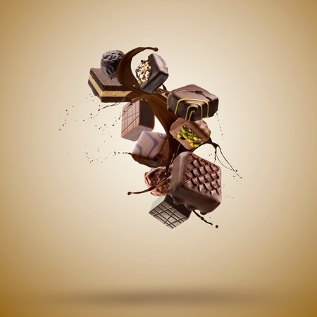 Assorted chocolate pralines floating with melted chocolate splash on brown backgroundの写真素材