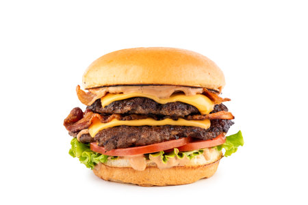 Classic hamburger with grilled meat, isolated on white background.の写真素材