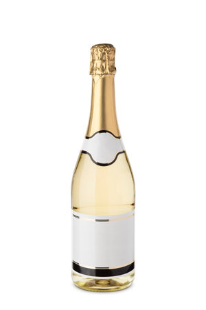 Champagne bottle with blank label isolated on white background.の写真素材