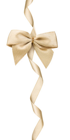 Golden bow with long curled ribbon, isolated on white background.の写真素材