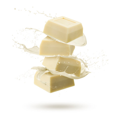 White chocolate blocks with splashing cream, isolated on white background.の写真素材