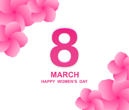 8 march. Happy Woman's Day. Card design with paper art and pink flowers, pink-white backgroundのイラスト素材