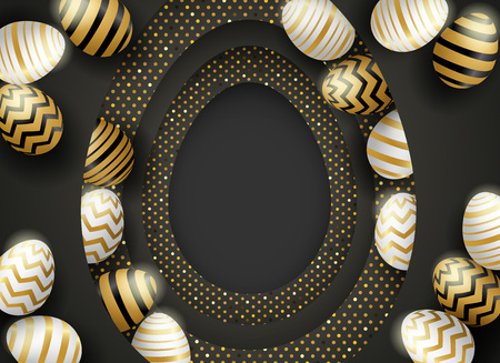 Happy easter celebration. golden,white easter egg on black background ,light and shadow . Vector.のイラスト素材
