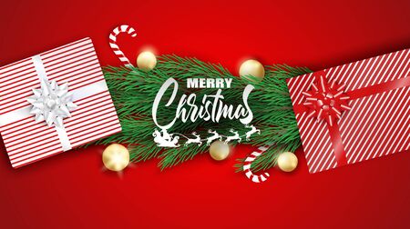 Merry Christmas. Design with christmas tree, gift box and candy canes on red background .Vector. illustration.のイラスト素材