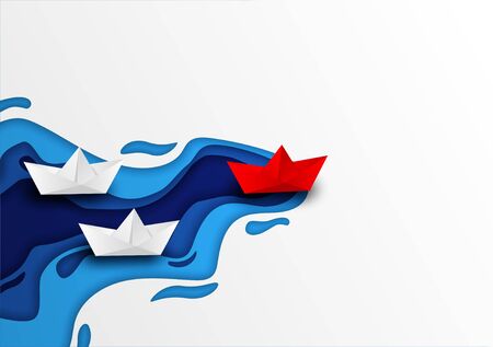 Business leadership ,financial concept. paper boat red leadership to sea go to success goal. paper art style. creative idea. vector ,illustration.のイラスト素材