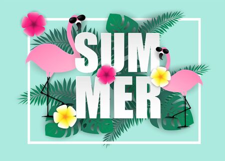 Summer sale background. Design with flamingo and tropical leaves on  colorful pastels. paper art style.  Design for template,banners,flyers,posters, brochure. Vector.のイラスト素材