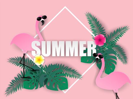 Summer sale background. Design with flamingo and tropical leaves on  colorful pastels. paper art style.  Design for template,banners,flyers,posters, brochure. Vector.のイラスト素材