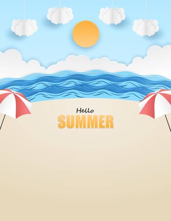 Hello Summer background. travel and relax summer on the beach concept. design with beach ,umbrellas ,cloud ,sun and sea . paper art style. Vector.のイラスト素材