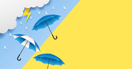 Rainy season. design with raining drops, umbrella and clouds on blue background. vector.のイラスト素材