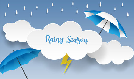 Rainy season. design with raining drops, umbrella and clouds on blue background. vector.のイラスト素材